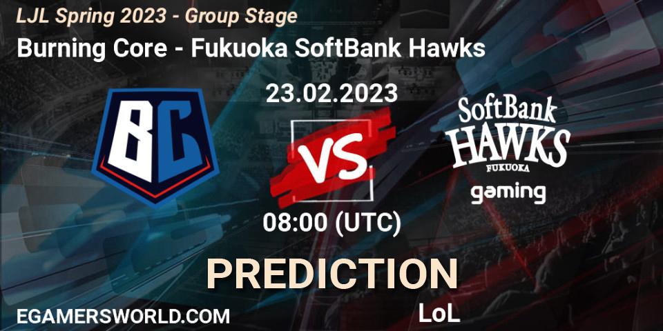 Burning Core contre Fukuoka SoftBank Hawks : prédiction de match. 23.02.2023 at 08:00. LoL, LJL Spring 2023 - Group Stage