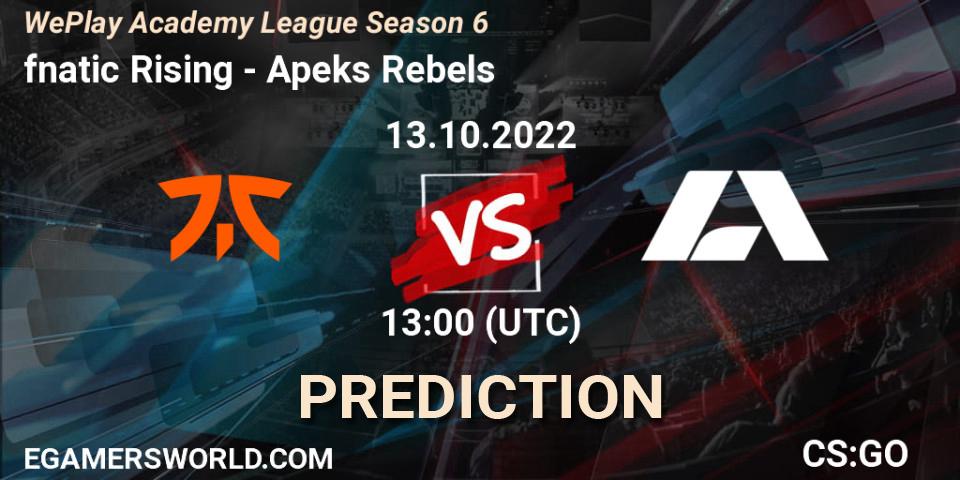 fnatic Rising contre Apeks Rebels : prédiction de match. 13.10.2022 at 13:00. Counter-Strike (CS2), WePlay Academy League Season 6