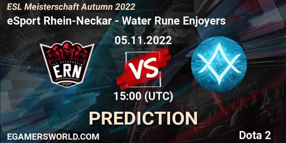 eSport Rhein-Neckar contre Water Rune Enjoyers : prédiction de match. 05.11.2022 at 14:02. Dota 2, ESL Meisterschaft Autumn 2022