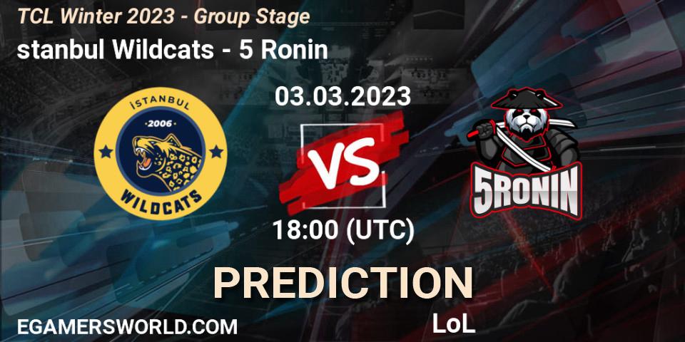 İstanbul Wildcats contre 5 Ronin : prédiction de match. 10.03.2023 at 18:00. LoL, TCL Winter 2023 - Group Stage