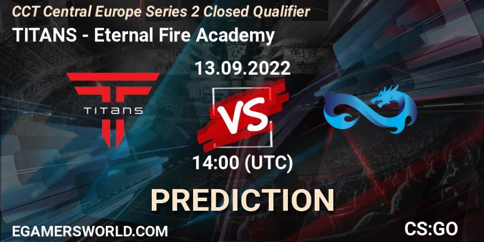 TITANS contre Eternal Fire Academy : prédiction de match. 13.09.2022 at 14:00. Counter-Strike (CS2), CCT Central Europe Series 2 Closed Qualifier