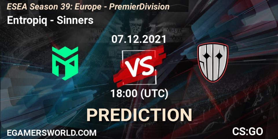 Entropiq contre Sinners : prédiction de match. 07.12.2021 at 18:00. Counter-Strike (CS2), ESEA Season 39: Europe - Premier Division
