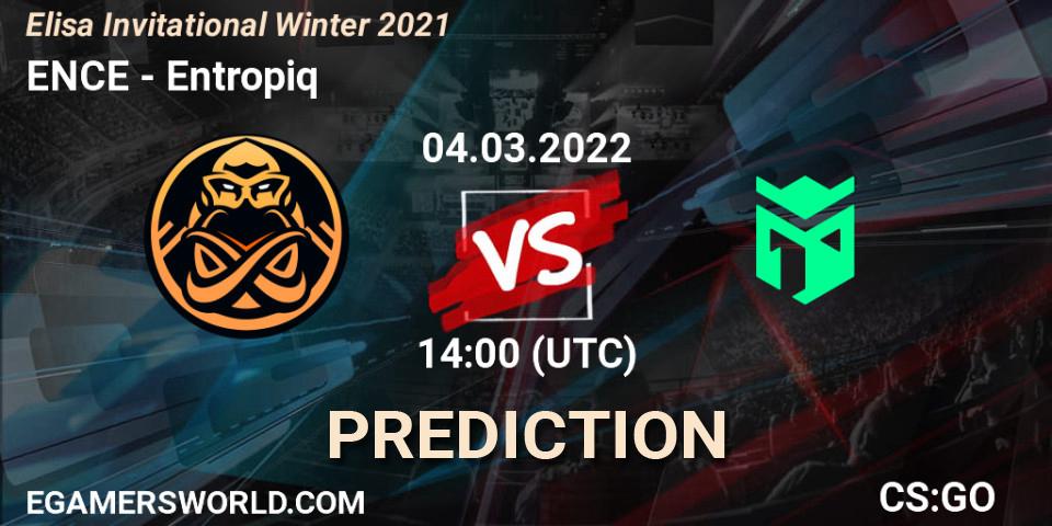 ENCE contre Entropiq : prédiction de match. 04.03.2022 at 14:00. Counter-Strike (CS2), Elisa Invitational Winter 2021