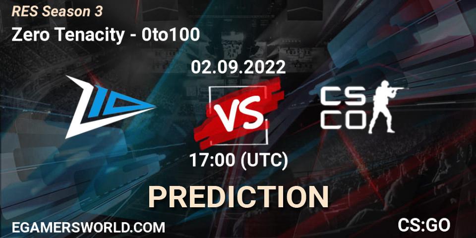 Zero Tenacity contre 0to100 : prédiction de match. 02.09.2022 at 17:00. Counter-Strike (CS2), RES Season 3