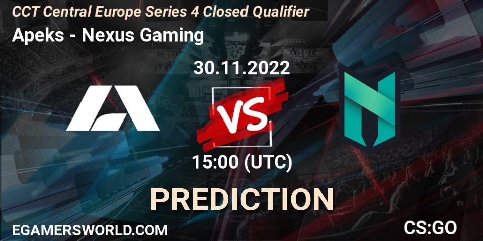 Apeks contre Nexus Gaming : prédiction de match. 30.11.22. CS2 (CS:GO), CCT Central Europe Series 4 Closed Qualifier