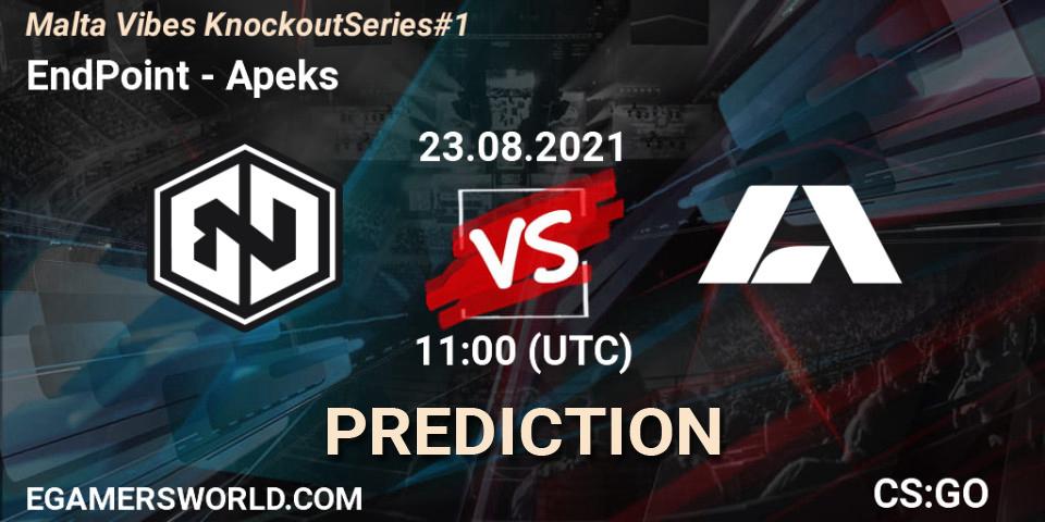EndPoint contre Apeks : prédiction de match. 23.08.2021 at 11:00. Counter-Strike (CS2), Malta Vibes Knockout Series #1