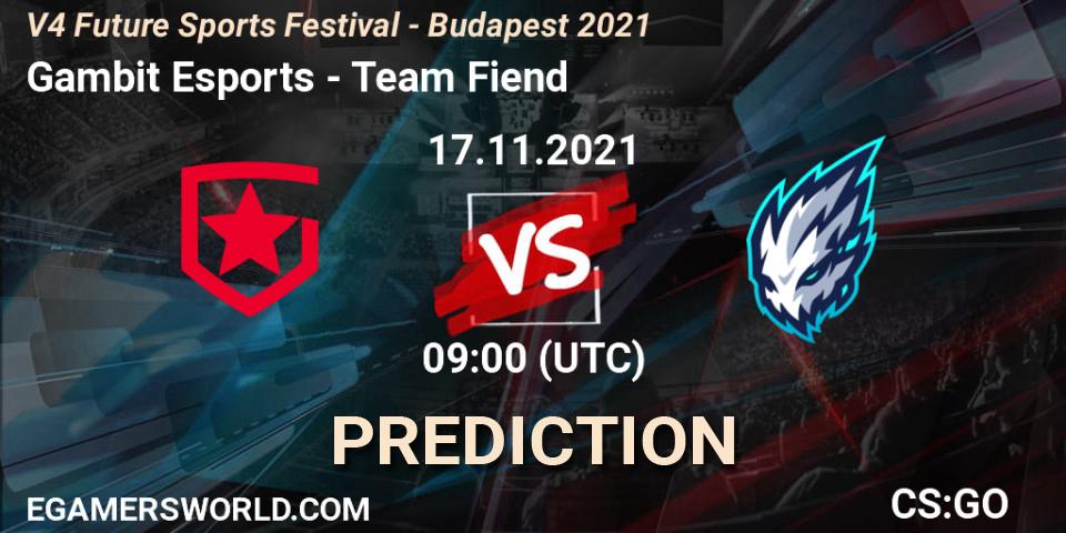 Gambit Esports contre Team Fiend : prédiction de match. 17.11.2021 at 09:00. Counter-Strike (CS2), V4 Future Sports Festival - Budapest 2021