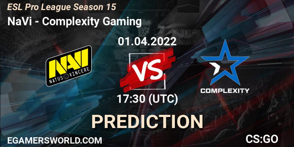 NaVi contre Complexity Gaming : prédiction de match. 01.04.2022 at 17:30. Counter-Strike (CS2), ESL Pro League Season 15