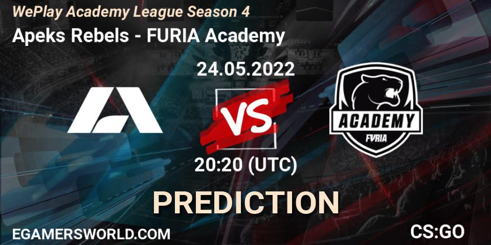 Apeks Rebels contre FURIA Academy : prédiction de match. 24.05.2022 at 19:20. Counter-Strike (CS2), WePlay Academy League Season 4