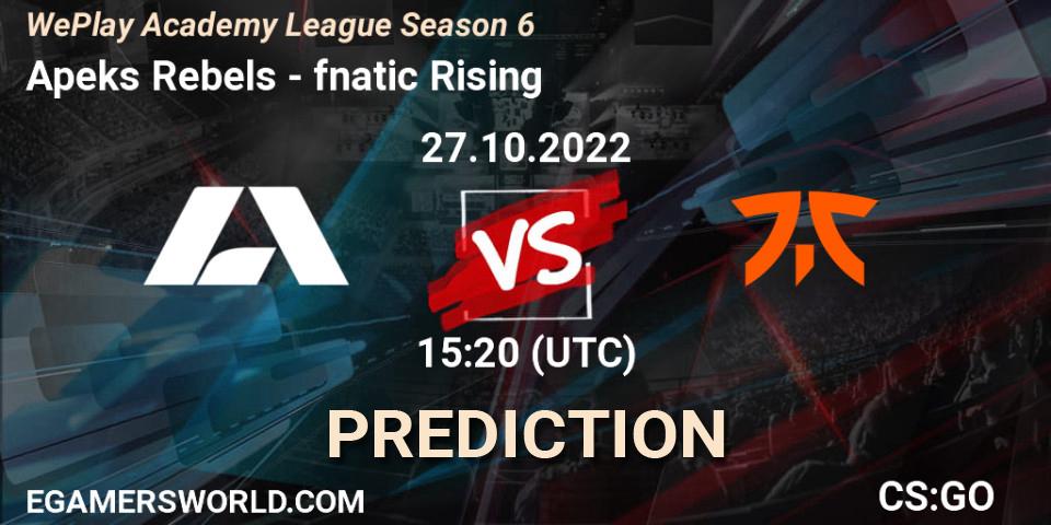 Apeks Rebels contre fnatic Rising : prédiction de match. 27.10.2022 at 15:20. Counter-Strike (CS2), WePlay Academy League Season 6