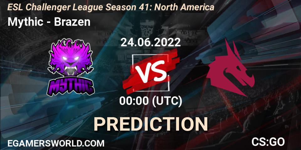 Mythic contre Brazen : prédiction de match. 24.06.2022 at 00:00. Counter-Strike (CS2), ESL Challenger League Season 41: North America