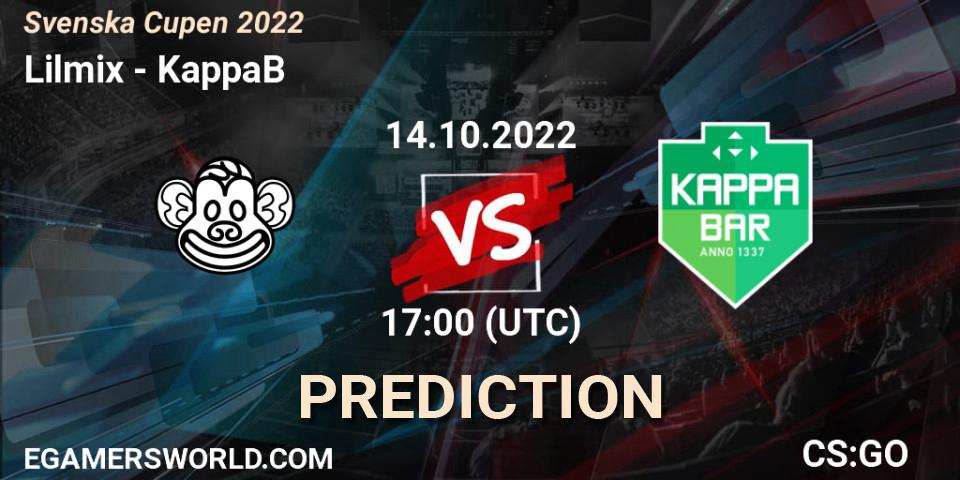 Lilmix contre KappaB : prédiction de match. 14.10.2022 at 17:50. Counter-Strike (CS2), Svenska Cupen 2022