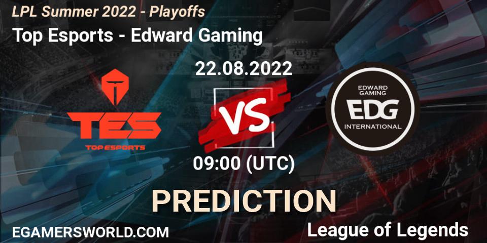 Top Esports contre Edward Gaming : prédiction de match. 22.08.2022 at 09:00. LoL, LPL Summer 2022 - Playoffs