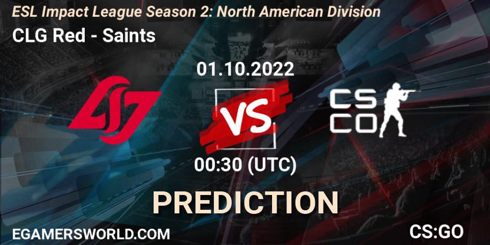 CLG Red contre Saints : prédiction de match. 01.10.2022 at 00:30. Counter-Strike (CS2), ESL Impact League Season 2: North American Division
