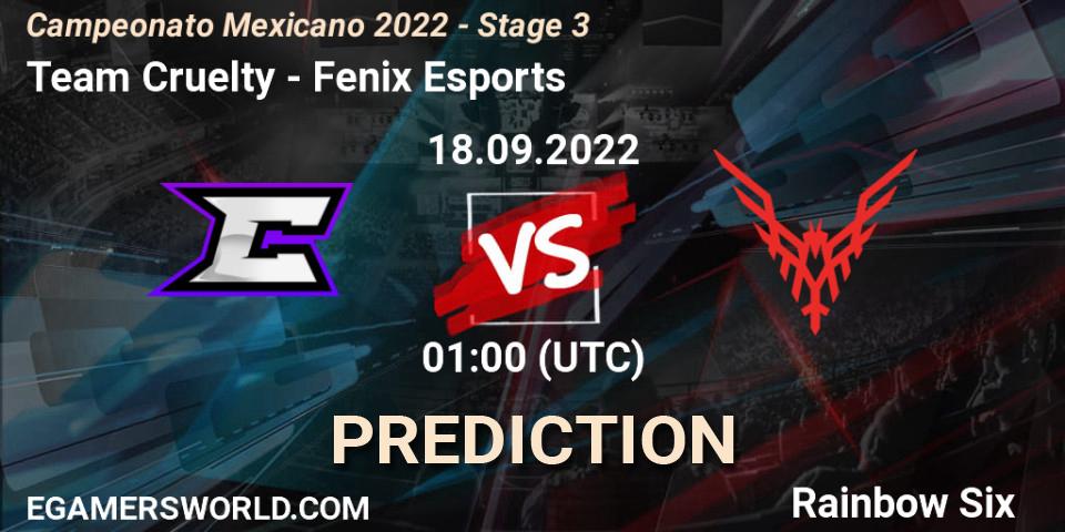 Team Cruelty contre Fenix Esports : prédiction de match. 18.09.2022 at 01:00. Rainbow Six, Campeonato Mexicano 2022 - Stage 3