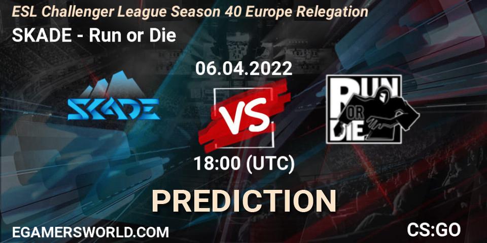 SKADE contre Run or Die : prédiction de match. 06.04.2022 at 18:00. Counter-Strike (CS2), ESL Challenger League Season 40 Europe Relegation
