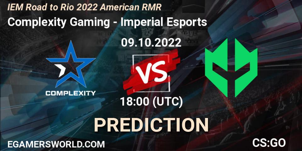 Complexity Gaming contre Imperial Esports : prédiction de match. 09.10.2022 at 18:25. Counter-Strike (CS2), IEM Road to Rio 2022 American RMR