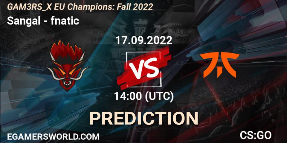 Sangal contre fnatic : prédiction de match. 17.09.2022 at 14:00. Counter-Strike (CS2), GAM3RS_X EU Champions: Fall 2022