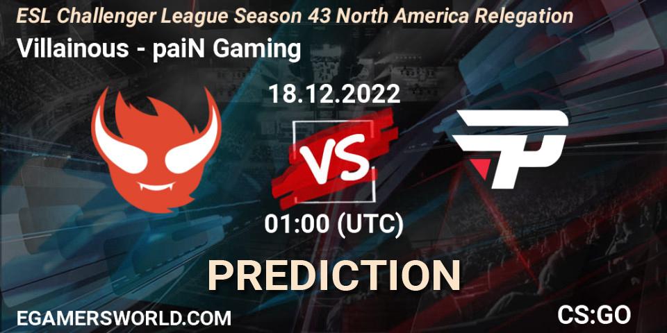 Villainous contre paiN Gaming : prédiction de match. 18.12.2022 at 01:00. Counter-Strike (CS2), ESL Challenger League Season 43 North America Relegation