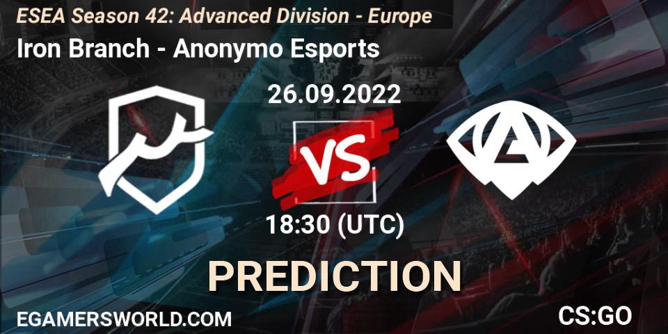 Iron Branch contre Anonymo Esports : prédiction de match. 27.09.2022 at 18:10. Counter-Strike (CS2), ESEA Season 42: Advanced Division - Europe