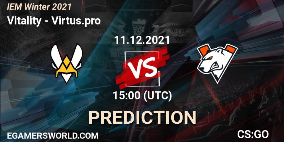 Vitality contre Virtus.pro : prédiction de match. 11.12.2021 at 15:00. Counter-Strike (CS2), IEM Winter 2021