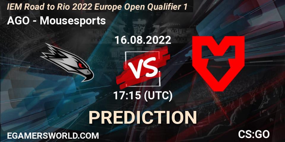 AGO contre Mousesports : prédiction de match. 16.08.2022 at 17:15. Counter-Strike (CS2), IEM Road to Rio 2022 Europe Open Qualifier 1