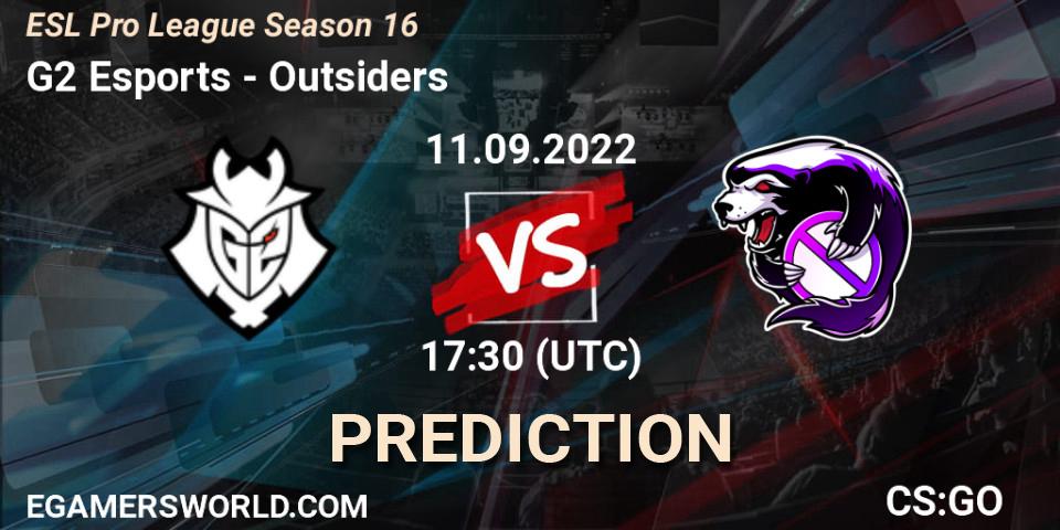 G2 Esports contre Outsiders : prédiction de match. 11.09.2022 at 17:30. Counter-Strike (CS2), ESL Pro League Season 16