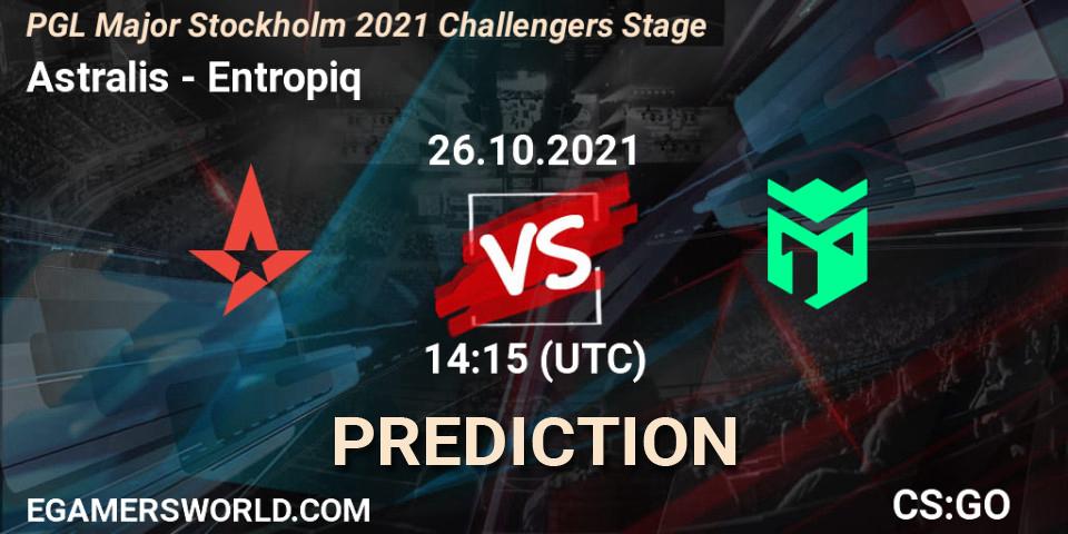 Astralis contre Entropiq : prédiction de match. 26.10.2021 at 14:15. Counter-Strike (CS2), PGL Major Stockholm 2021 Challengers Stage
