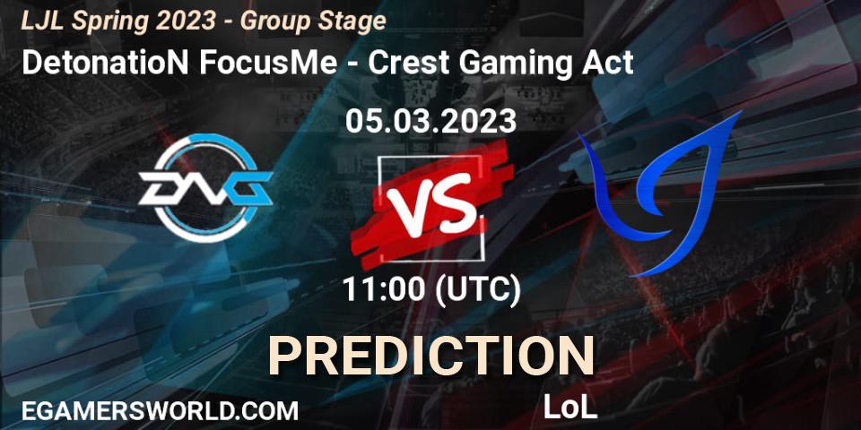 DetonatioN FocusMe contre Crest Gaming Act : prédiction de match. 05.03.2023 at 11:00. LoL, LJL Spring 2023 - Group Stage