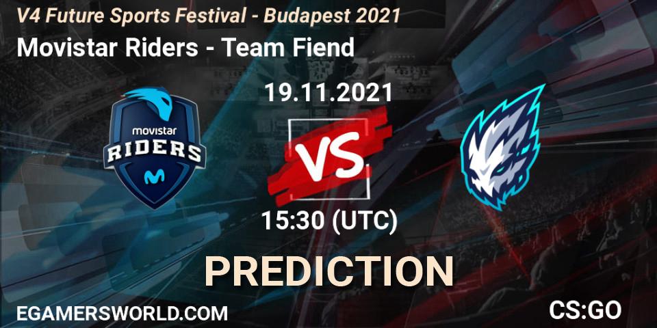 Movistar Riders contre Team Fiend : prédiction de match. 19.11.2021 at 15:40. Counter-Strike (CS2), V4 Future Sports Festival - Budapest 2021