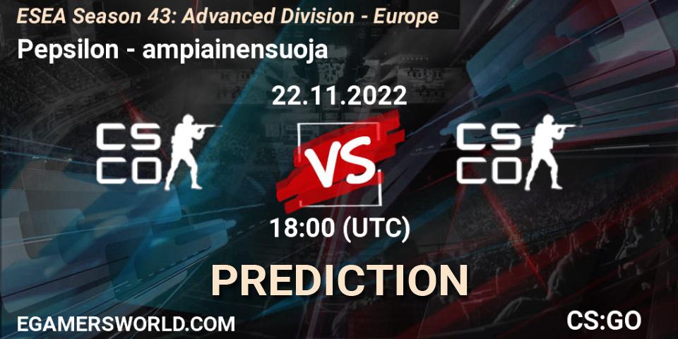 Pepsilon contre ampiainensuoja : prédiction de match. 22.11.2022 at 18:00. Counter-Strike (CS2), ESEA Season 43: Advanced Division - Europe
