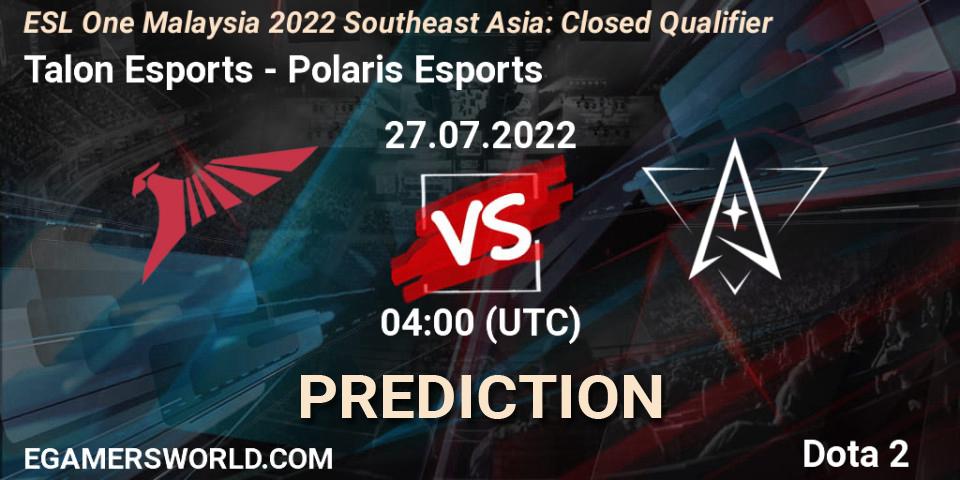 Talon Esports contre Polaris Esports : prédiction de match. 27.07.2022 at 04:01. Dota 2, ESL One Malaysia 2022 Southeast Asia: Closed Qualifier