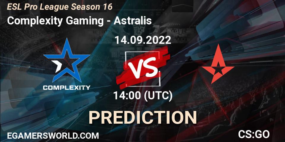 Complexity Gaming contre Astralis : prédiction de match. 14.09.2022 at 14:00. Counter-Strike (CS2), ESL Pro League Season 16