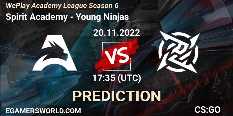 Spirit Academy contre Young Ninjas : prédiction de match. 20.11.2022 at 17:35. Counter-Strike (CS2), WePlay Academy League Season 6