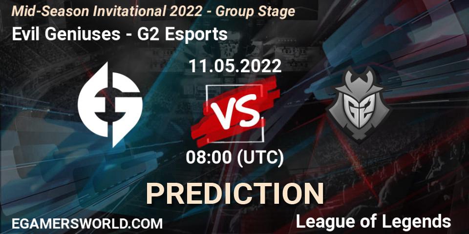 Evil Geniuses contre G2 Esports : prédiction de match. 14.05.2022 at 06:00. LoL, Mid-Season Invitational 2022 - Group Stage
