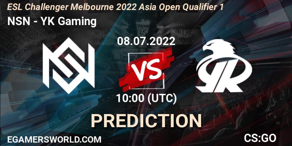 NSN contre YK Gaming : prédiction de match. 08.07.2022 at 10:00. Counter-Strike (CS2), ESL Challenger Melbourne 2022 Asia Open Qualifier 1