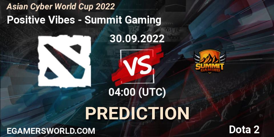 Positive Vibes contre Summit Gaming : prédiction de match. 30.09.2022 at 04:11. Dota 2, Asian Cyber World Cup 2022