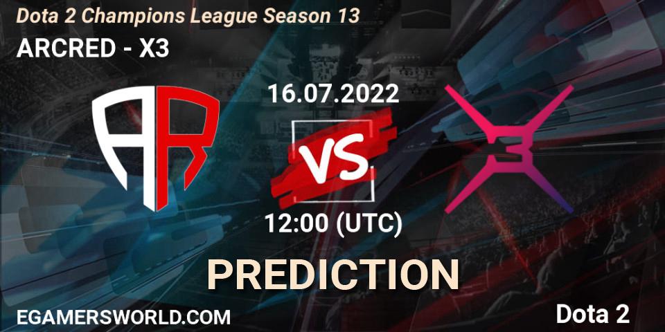 ARCRED contre X3 : prédiction de match. 16.07.2022 at 13:30. Dota 2, Dota 2 Champions League Season 13