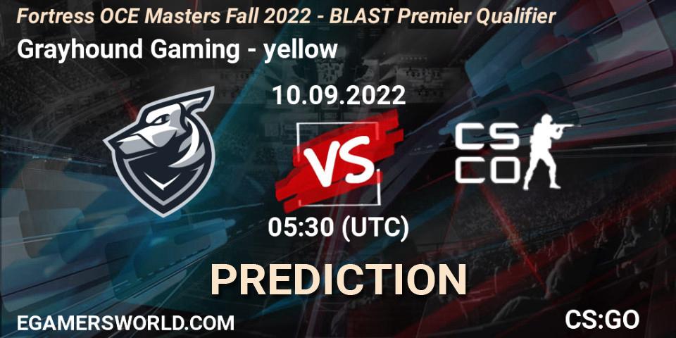 Grayhound Gaming contre yellow : prédiction de match. 10.09.2022 at 06:05. Counter-Strike (CS2), Fortress OCE Masters Fall 2022 - BLAST Premier Qualifier