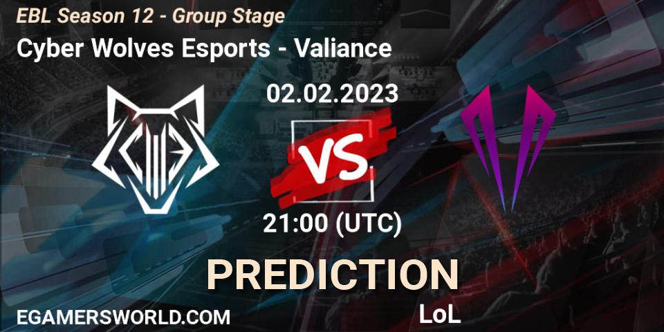 Cyber Wolves Esports contre Valiance : prédiction de match. 02.02.2023 at 21:15. LoL, EBL Season 12 - Group Stage
