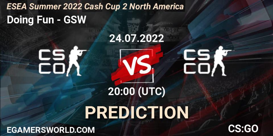 Doing Fun contre GSW : prédiction de match. 24.07.2022 at 20:00. Counter-Strike (CS2), ESEA Summer 2022 Cash Cup 2 North America