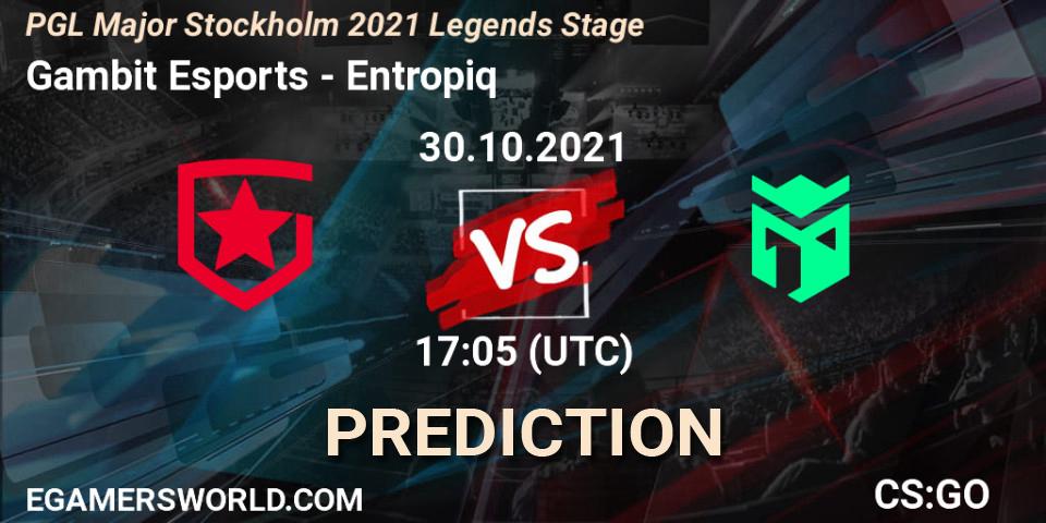 Gambit Esports contre Entropiq : prédiction de match. 30.10.2021 at 17:10. Counter-Strike (CS2), PGL Major Stockholm 2021 Legends Stage