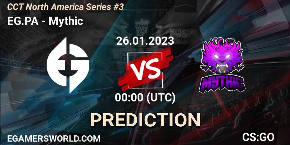 EG White contre Mythic : prédiction de match. 26.01.2023 at 00:00. Counter-Strike (CS2), CCT North America Series #3
