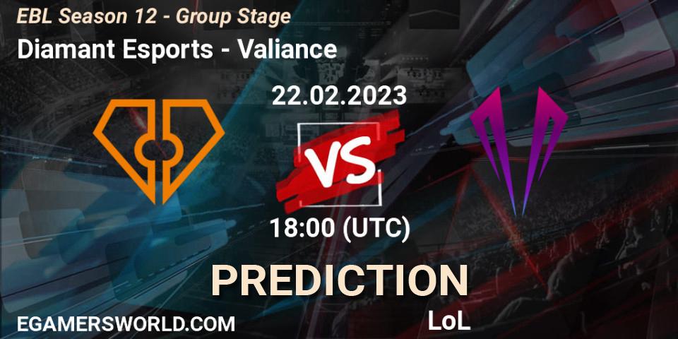 Diamant Esports contre Valiance : prédiction de match. 22.02.23. LoL, EBL Season 12 - Group Stage
