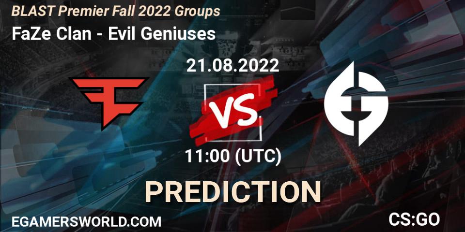 FaZe Clan contre Evil Geniuses : prédiction de match. 21.08.2022 at 11:00. Counter-Strike (CS2), BLAST Premier Fall 2022 Groups