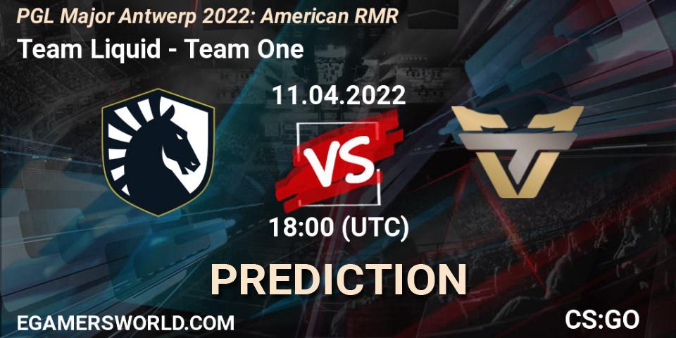 Team Liquid contre Team One : prédiction de match. 11.04.2022 at 18:25. Counter-Strike (CS2), PGL Major Antwerp 2022: American RMR