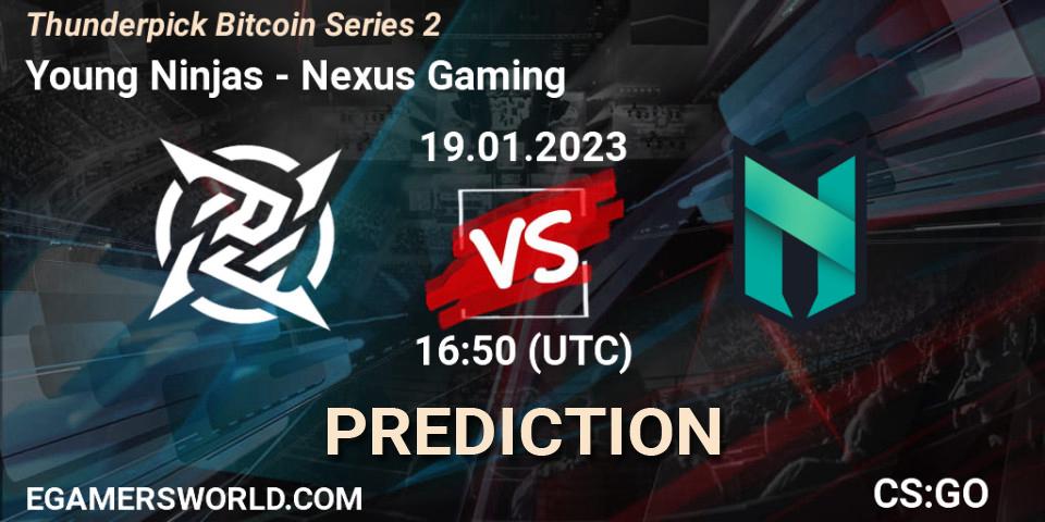 Young Ninjas contre Nexus Gaming : prédiction de match. 19.01.2023 at 17:30. Counter-Strike (CS2), Thunderpick Bitcoin Series 2