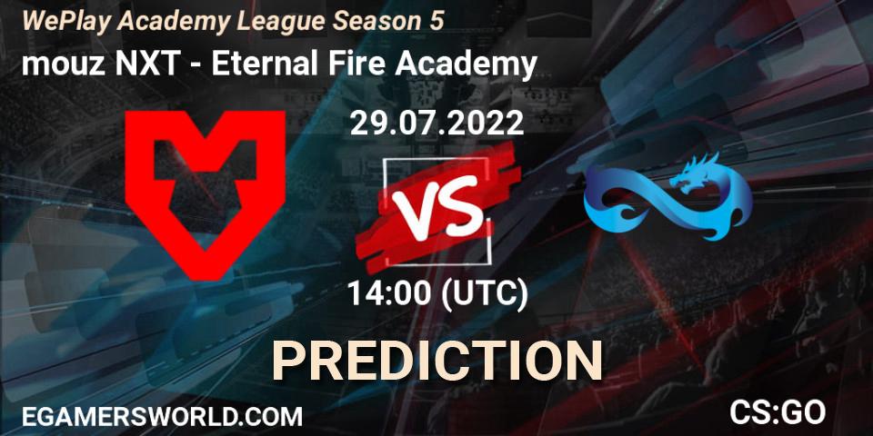mouz NXT contre Eternal Fire Academy : prédiction de match. 29.07.2022 at 14:00. Counter-Strike (CS2), WePlay Academy League Season 5