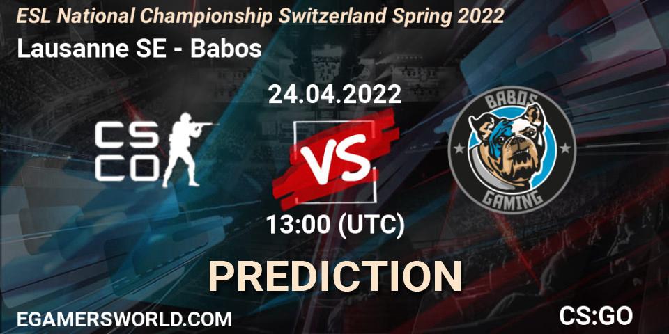 Lausanne-Sport Esports contre Babos : prédiction de match. 24.04.2022 at 13:05. Counter-Strike (CS2), ESL Swiss League Season 7