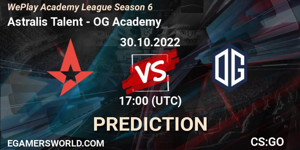 Astralis Talent contre OG Academy : prédiction de match. 30.10.2022 at 16:30. Counter-Strike (CS2), WePlay Academy League Season 6